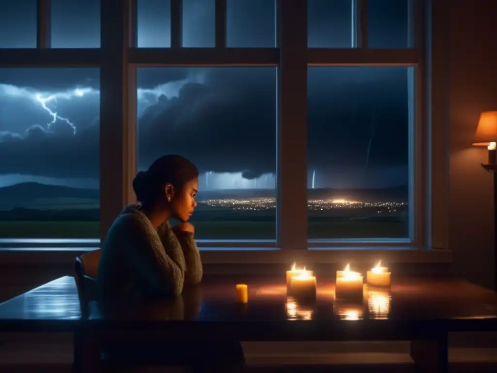 A person sits alone in a dimly lit room, staring out the window at a rainstorm, while flickering candles illuminate the table