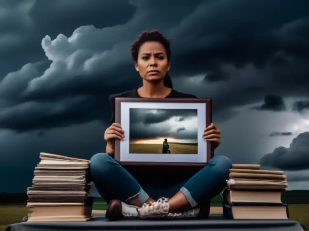 A sentimental moment captured in high-resolution cinematic style, with a person holding a cherished family album surrounded by a stormy sky