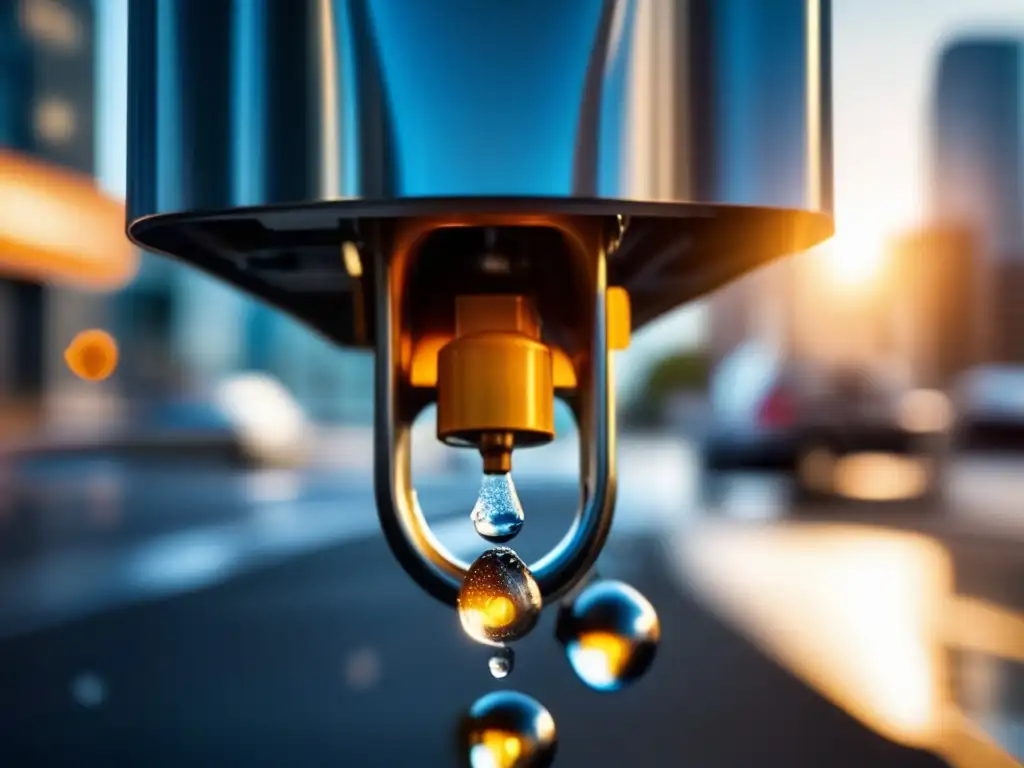 A stunning Image of gasoline pump nozzle surrounded by sparkling droplets of water, against a vibrant urban city skyline