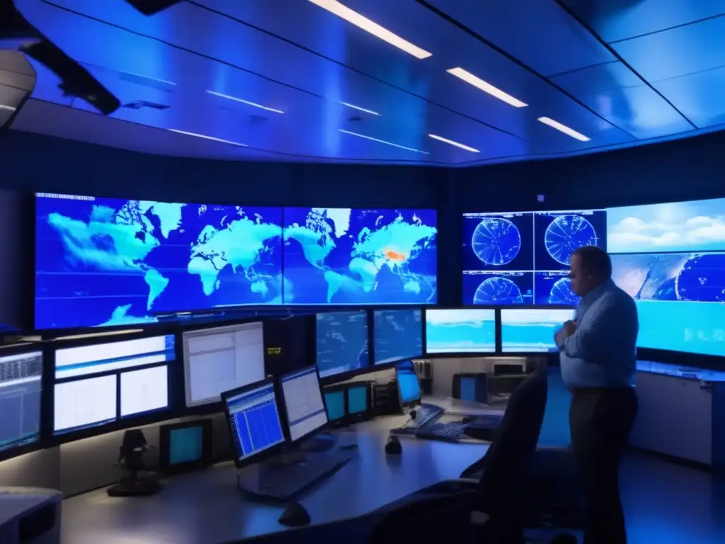 A dimly lit control room, filled with monitors displaying weather data