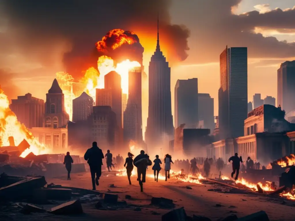 In ruins: a chaotic metropolis of collapsing skyscrapers engulfs people running through the streets, casting shadows against the warm glow of the sun