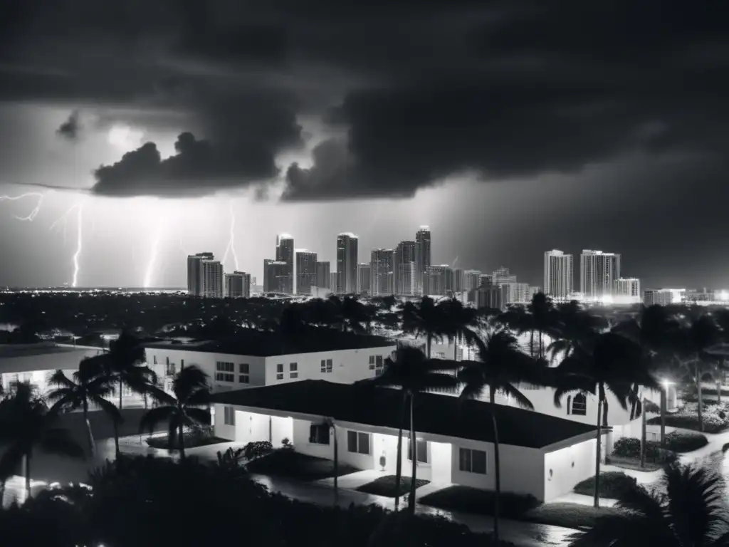 Sunset in Miami: A black and white photo of the cityscape with palm trees and silhouetted buildings in the foreground in quiet contemplation and awe