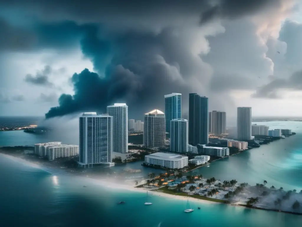 Miami's stunning skyline bathed in grey as mega-condos and offices loom over flooded city streets, debris floating in calm blue waters