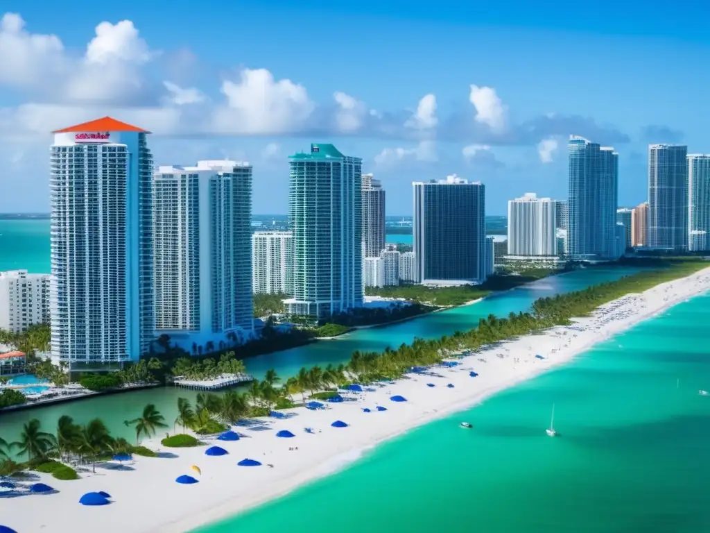 Aerial footage captures the vibrancy and contrast of Miami's skyline and coastline, with palm trees and colorful umbrellas