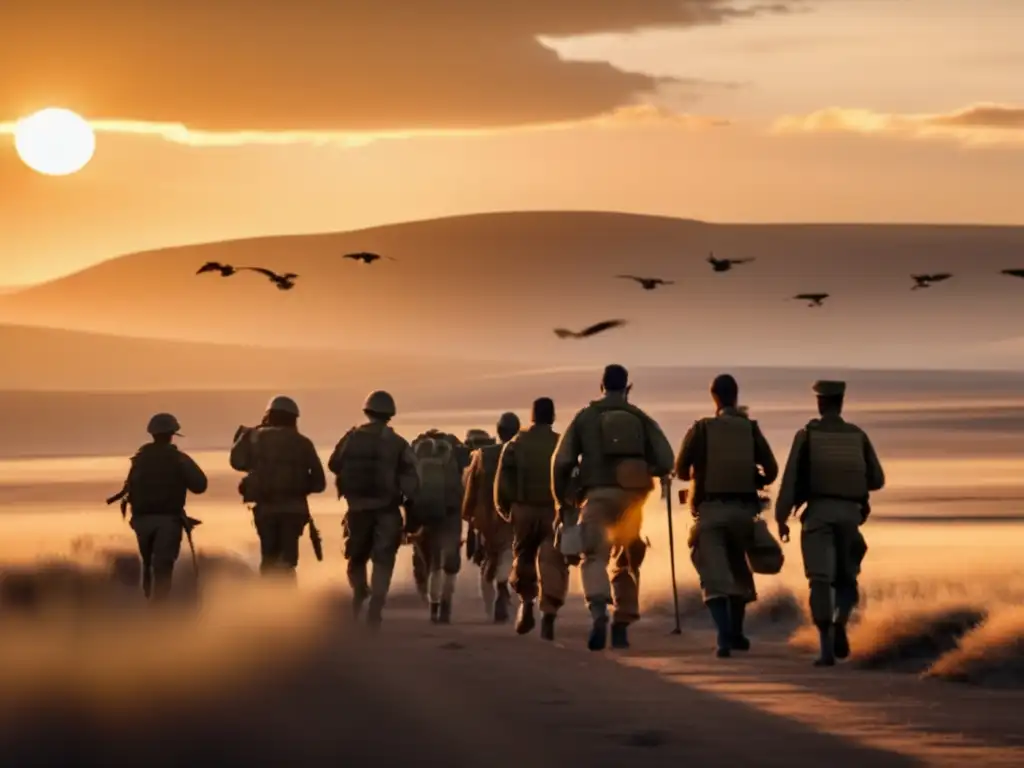 A group of military personnel walks through a rugged landscape, with one holding a walkietalkie radiator