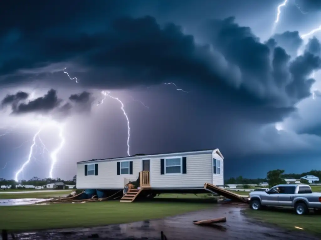 During a violent hurricane, a mobile home is dangerously lifted off its foundation, causing devastation to the surrounding area