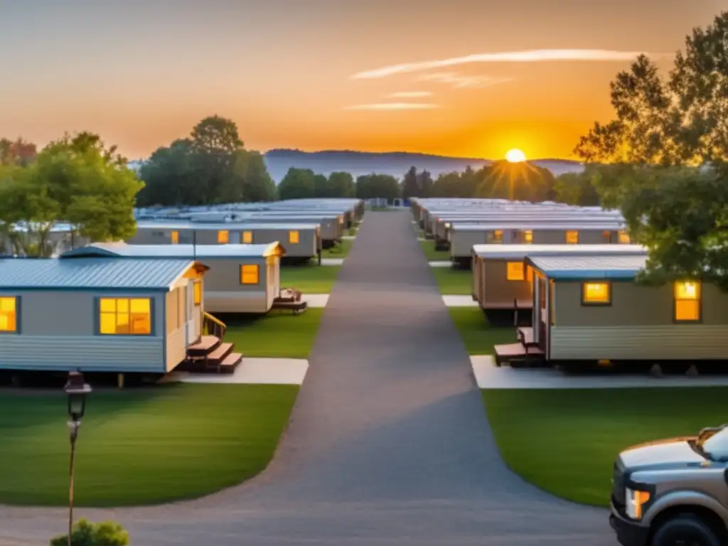 A dramatic panoramic view of a mobile home park, bathed in golden light as the sun sets in the background