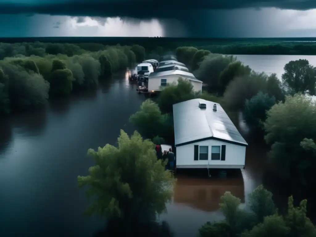 A group of people huddles together before a storm, standing helplessly in front of a mobile home, with trees swaying and rising waters nearby