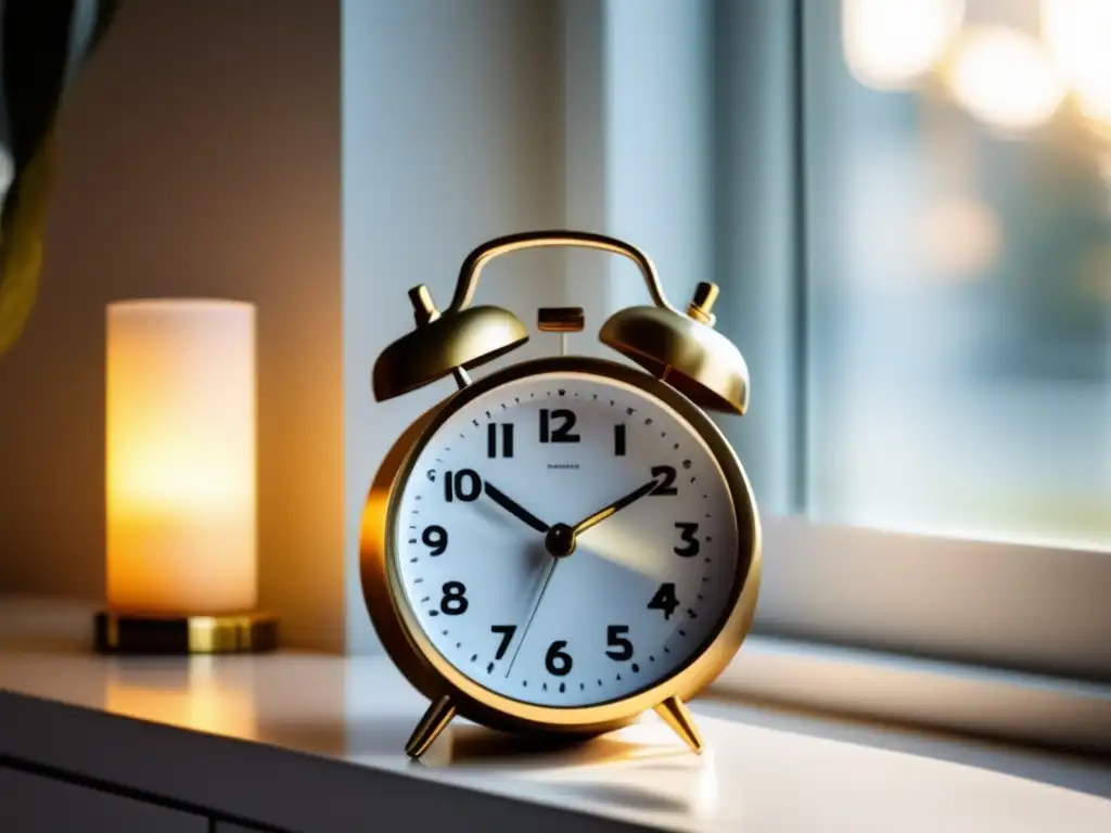 A cozy morning setting: A sleek and modern clock resting on a dresser, bathed in warm sunshine with curtains open