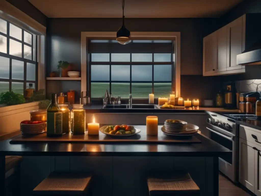 A cozy, modern kitchen illuminated by lit candles and dim lighting, filled with essentials like canned goods, large water bottles, and eating utensils