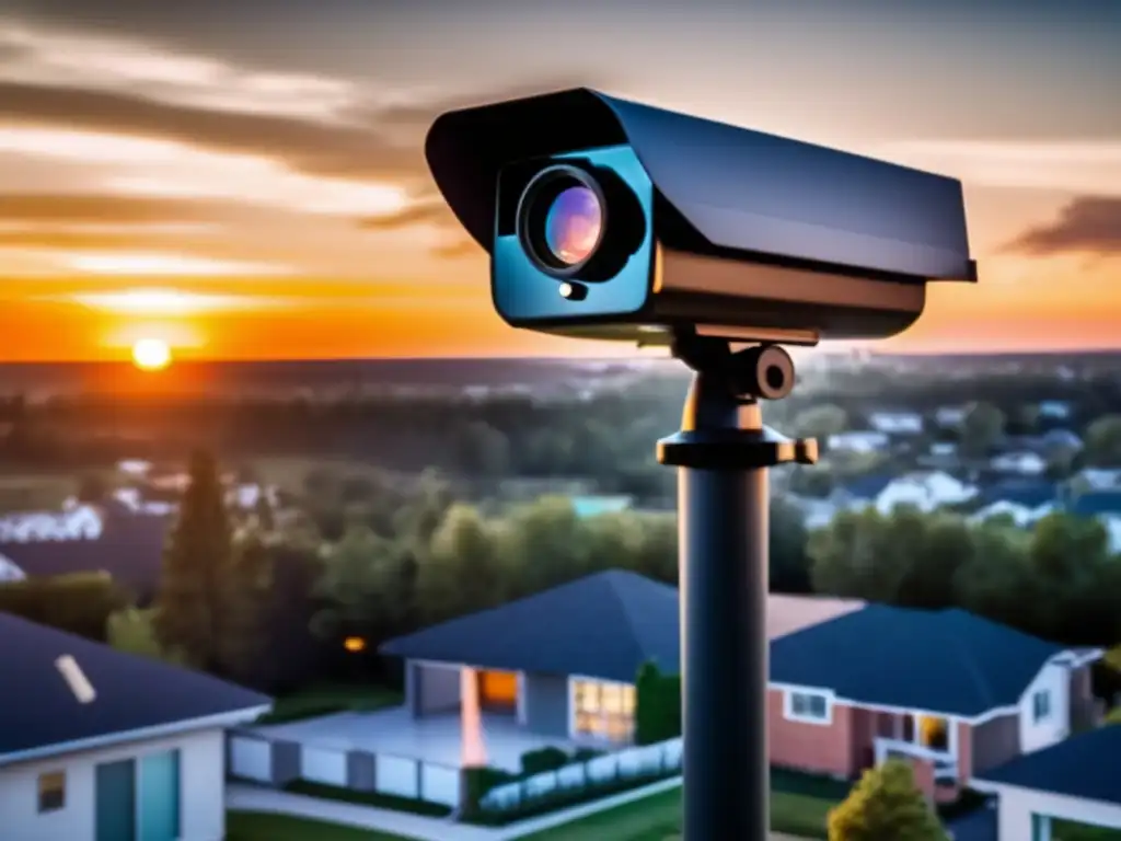 An aerial shot of a sleek and modern outdoor camera with weather-resistant features such as an IP68 rating, zoom capabilities, and night vision, captured against the dramatic sunset, pans over a suburban neighborhood with clear footage of trees, landscapes, and buildings, creating a warm and inviting atmosphere of safety and security