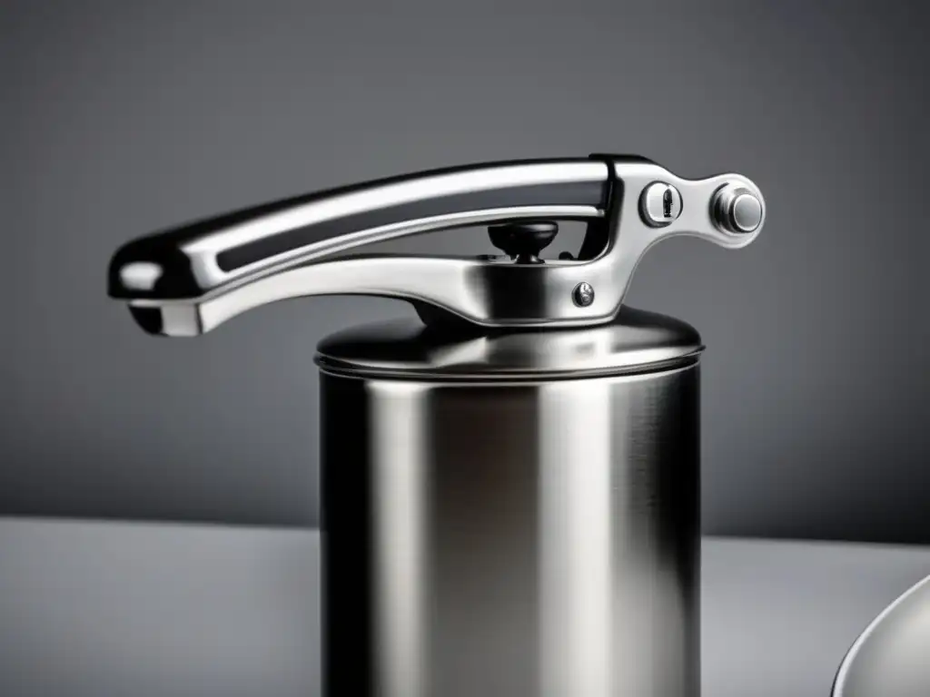 Open up the image to reveal a stylish silver airlift can opener with a sleek look that stands out on any kitchen countertop