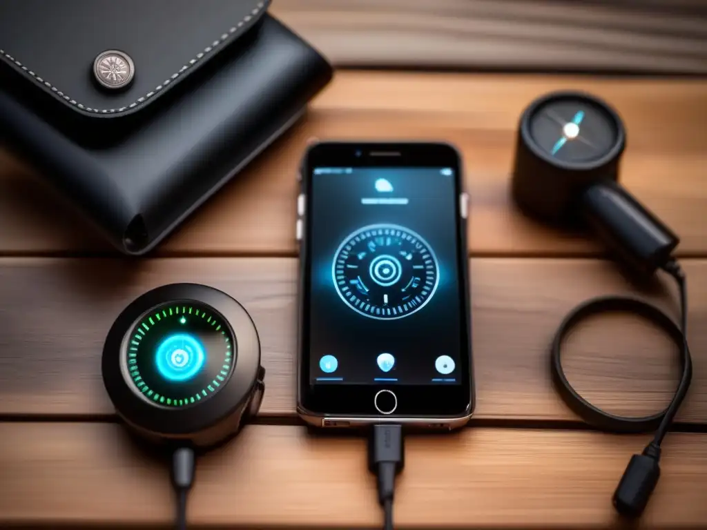 A modern black handcrank cell phone charger sits in a rustic wooden setting, complete with a built-in LED flashlight and compass