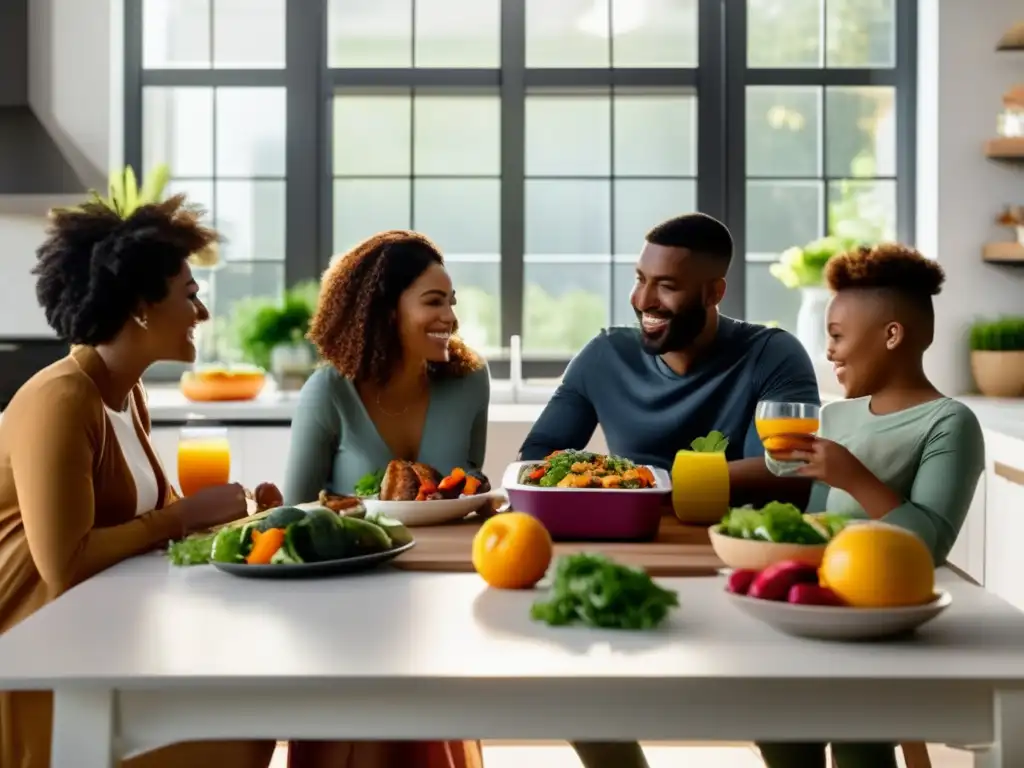 A family enjoying a meal together, surrounded by delicious, colorful, and healthy food