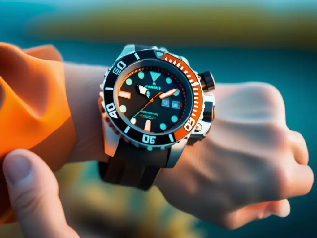 A stunning underwater adventure captured in High-resolution, featuring a sleek modern water-resistant watch in the depths of an azure ocean