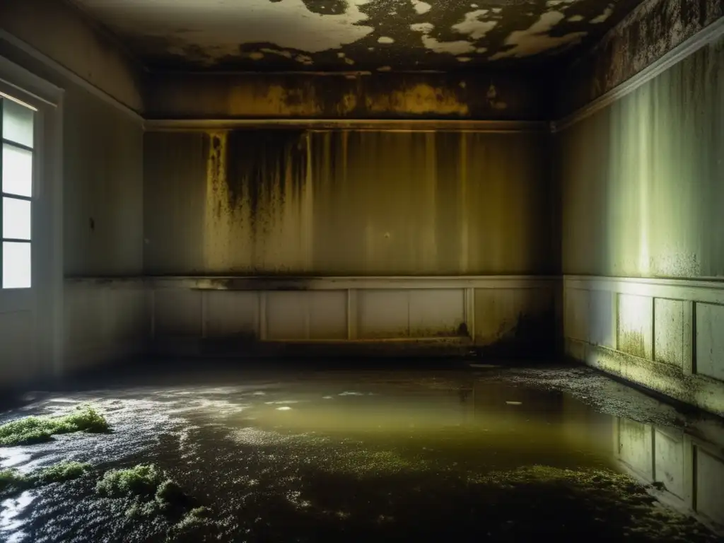 Dimly lit moldy room, water droplets & cracks in walls highlight serious damage