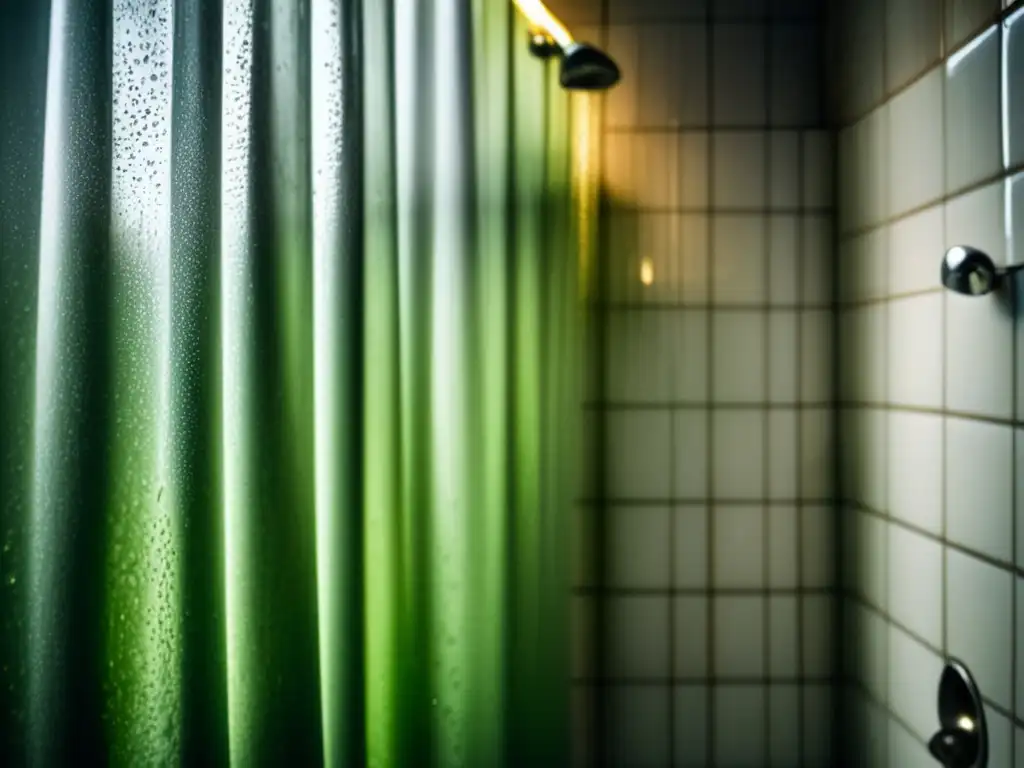 A gritty closeup of a moldy shower, with water droplets beading up on the tiles and a faintly visible fungus growing on the walls