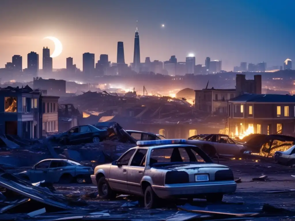 A crescent moon rises over a devastated cityscape, casting an ethereal glow on ruins and debris in the distance