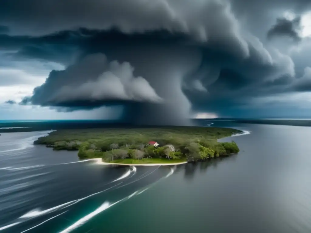 Intense hurricane engulfs small island, winds whip trees and debris, calm water conceals danger below