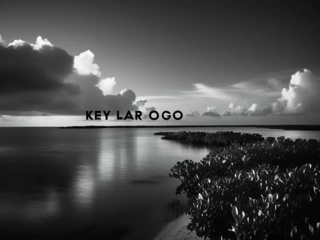 A moody cinematic masterpiece captures the Key West coastline's mangrove-lined shore, with a dramatic sky obscured by clouds, in a straight-on low angle shot with the iconic 'Key Largo (1948)' written in ironic white font