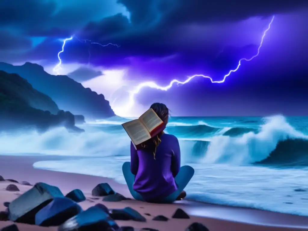 It's a stormy night, and this lone figure is lost in thought, holding a hurricane-themed book with a tearful face