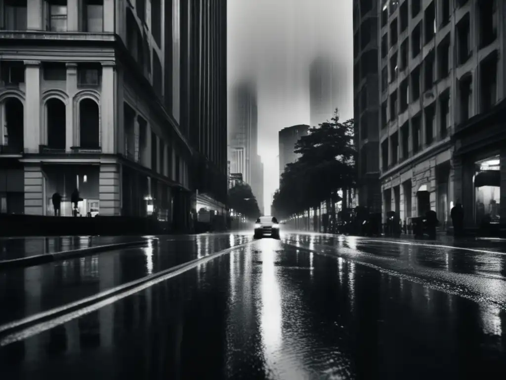 Amidst a dark and rainy city street, captured from an elevated perspective, droplets of water cascade down the pavement and disappear into puddles