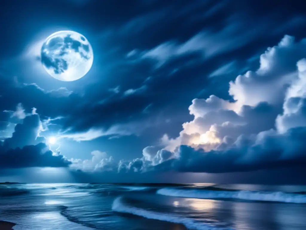 A cinematic style image of a stormy night sky, illuminated by the moon and creating a swirling reflection of light and shadow