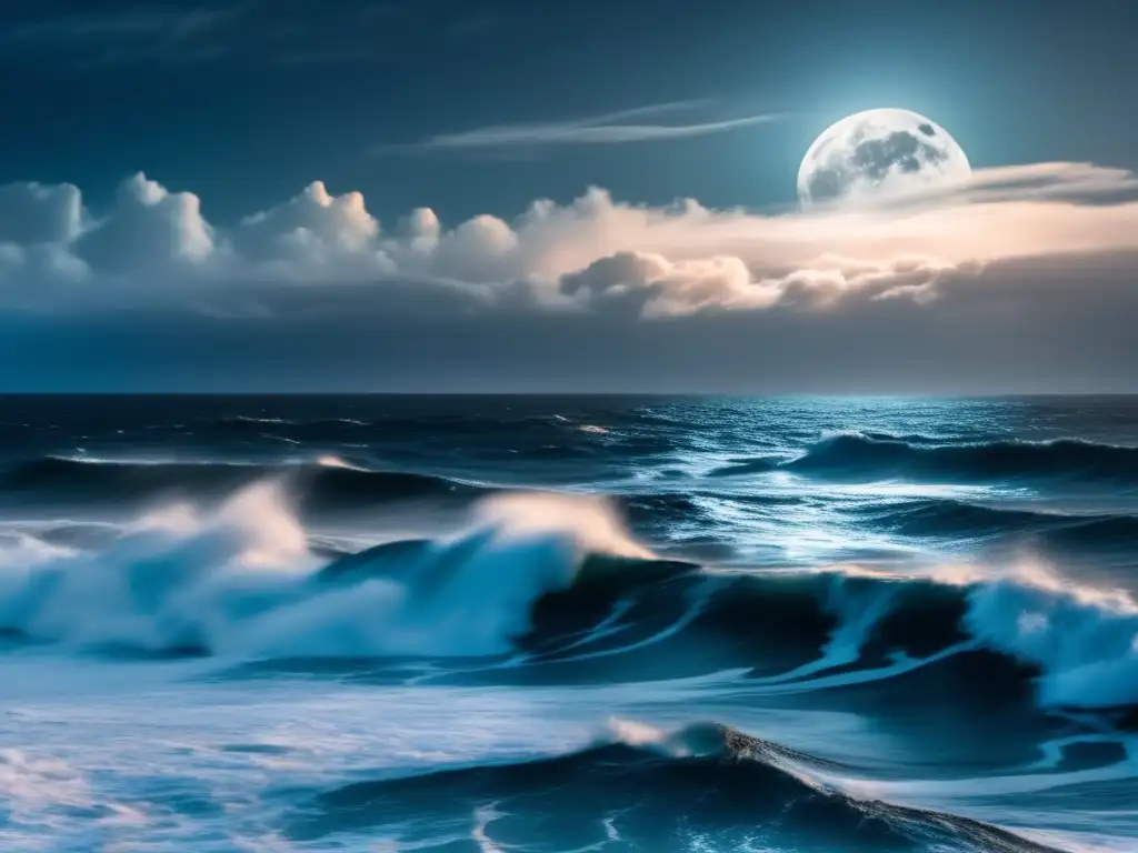 Cinematic aerial shot of the Atlantic Ocean, with the moon rising over the horizon, casting a soft glow on churning waves below