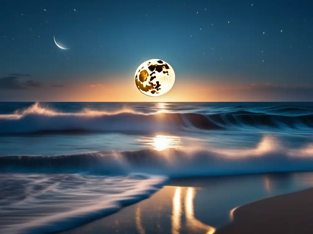 A breath-taking aerial view of the moon rising over the ocean, casting a shimmering reflection