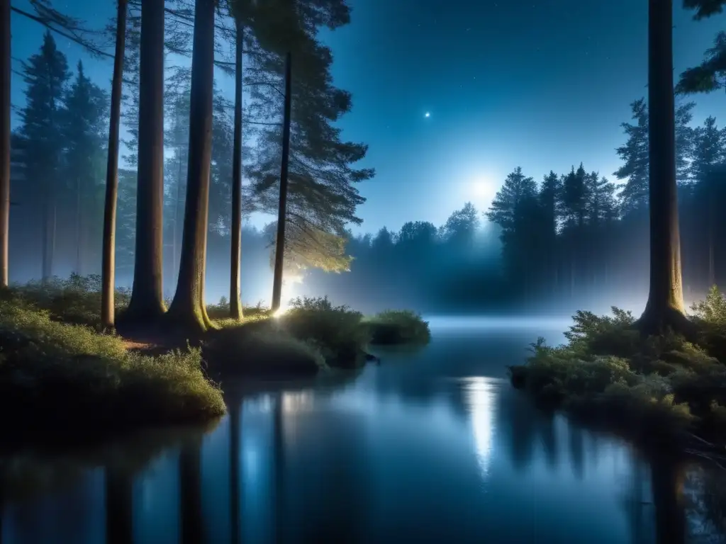 Experience the magic of an illuminated, moonlit forest with soft, diffused glimmer on the trees in this stunning cinematic photo