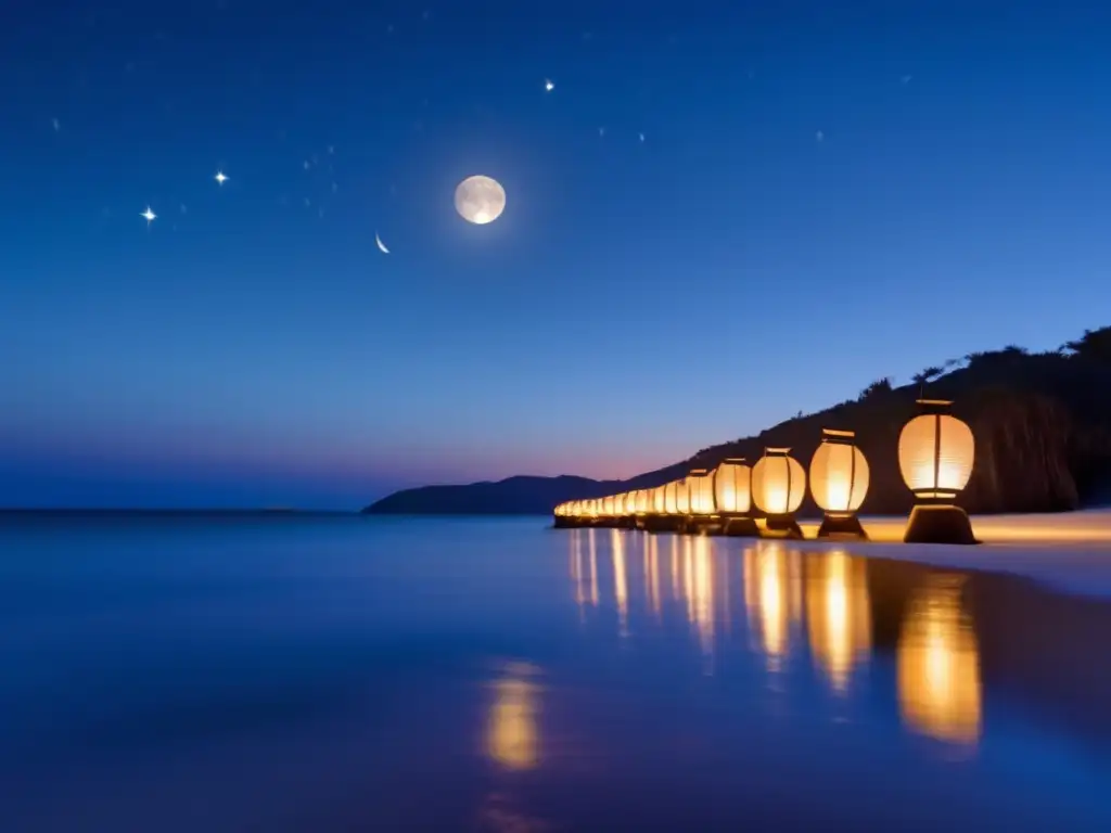 A serene and enchanting scene captured at dusk, featuring multiple saltwater-powered lanterns flickering and illuminating a calm sea