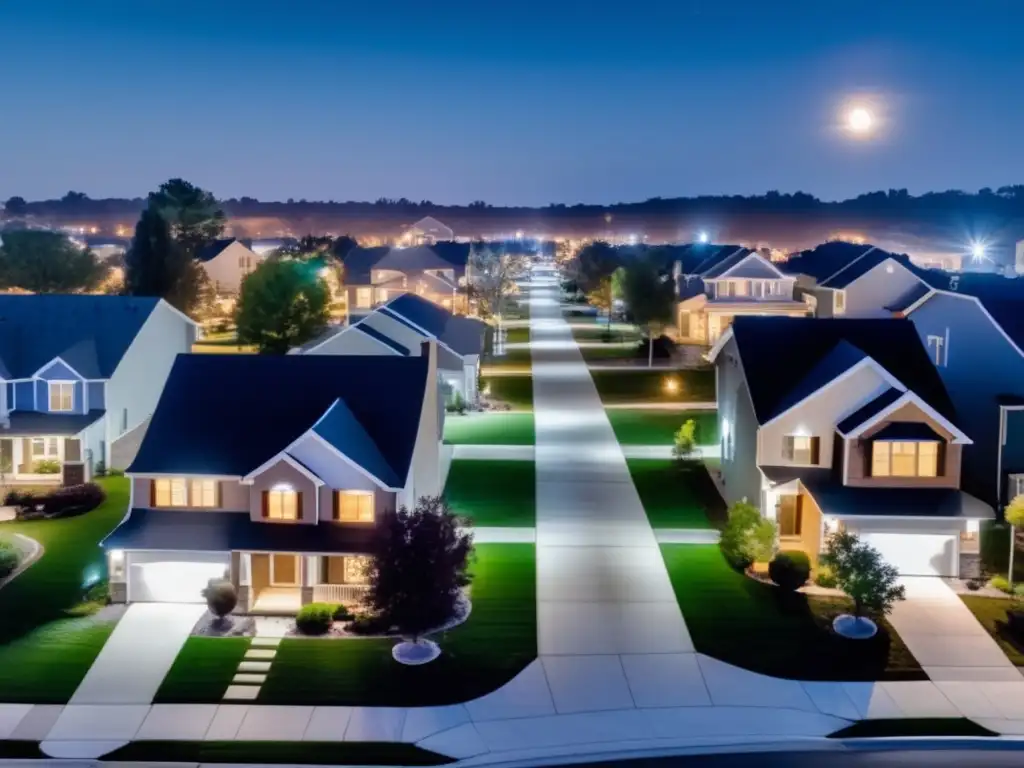 An aerial view of a suburban neighborhood at night, with a bright moon illuminating the sky