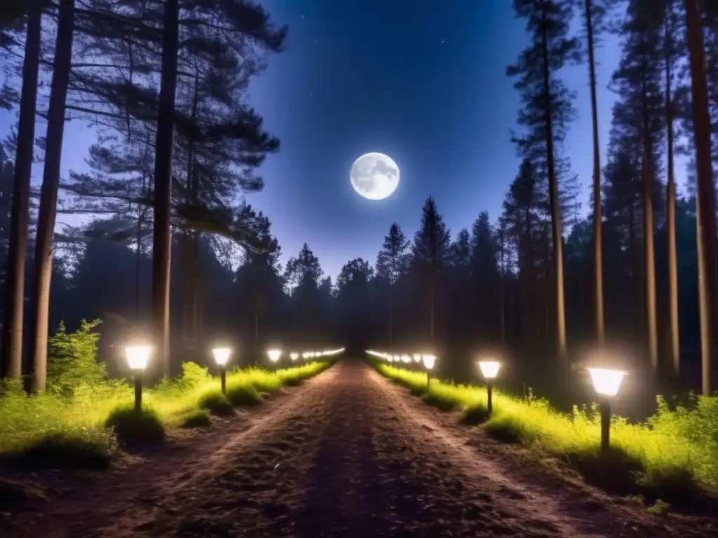 A cinematic image of a group of solarpowered lights glowing softly in the darkness of a forest at night