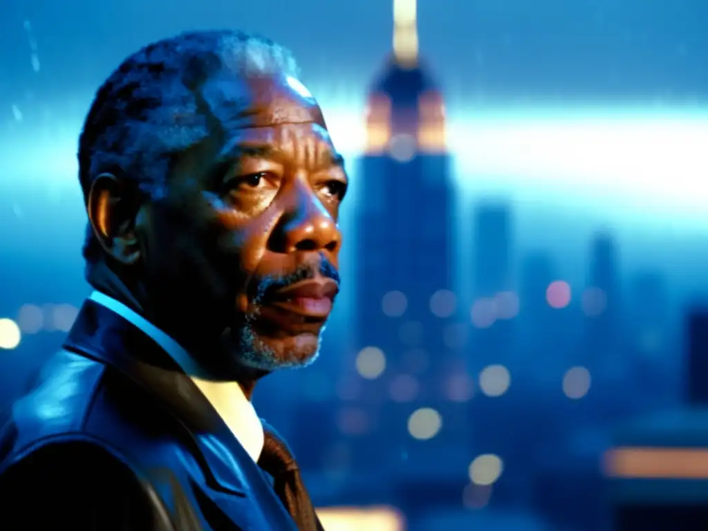 Morgan Freeman as Chris Morgan, intensity personified, looks towards the towering city during a rainstorm in Hard Rain (1998)