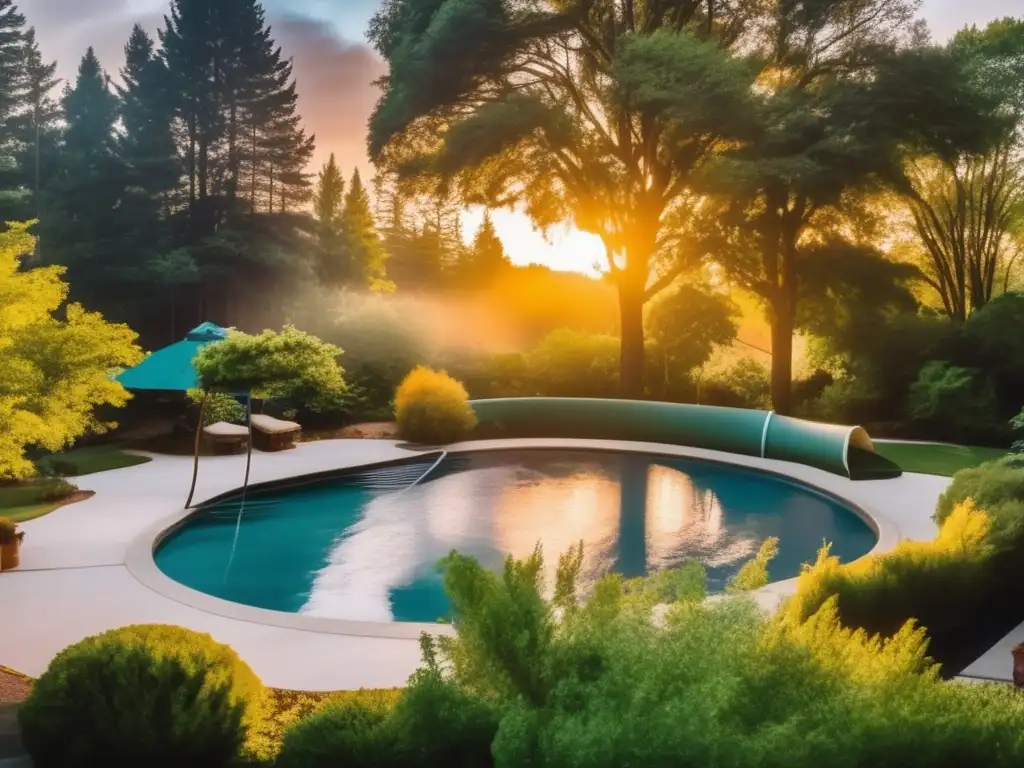 A stunning sunrise over a kiddie pool, with a small slide and lush, sarcastic foliage