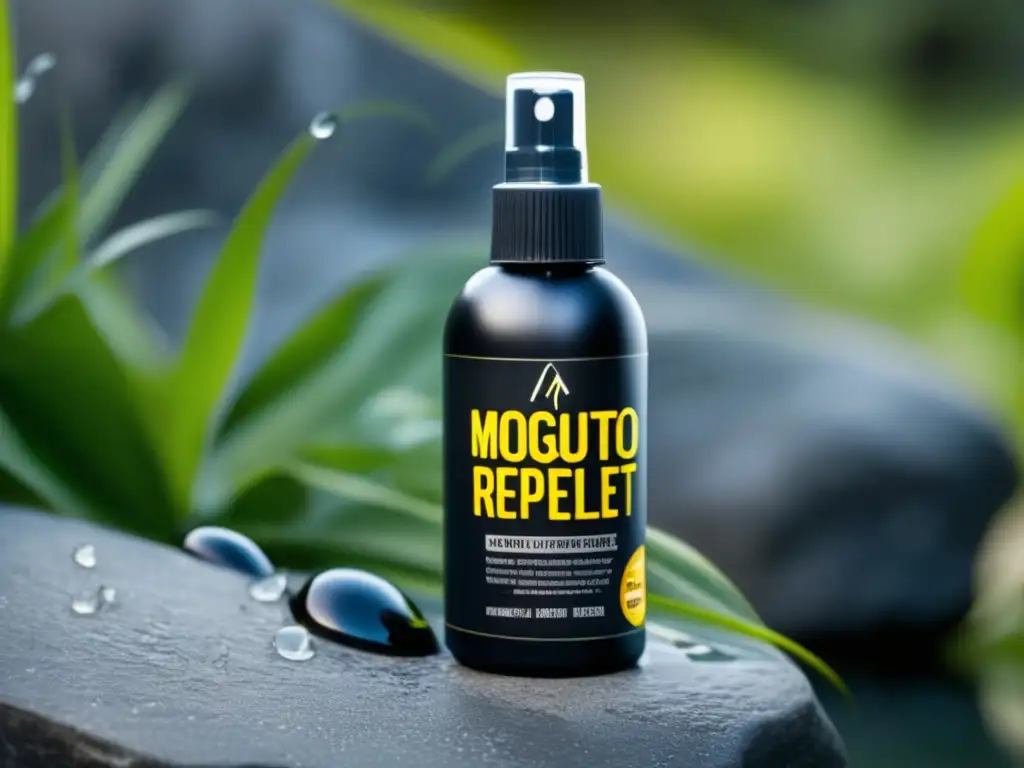 A cinematic closeup of a sleek, glossy black mosquito repellent spray bottle, perched on rough stone with droplets of water