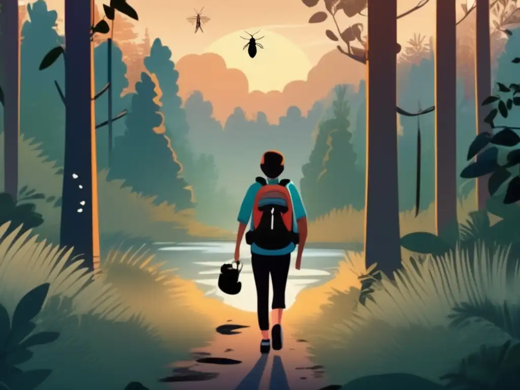 A person hiking through a dense forest at dusk with a backpack carrying insect repellent