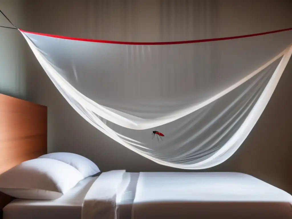 Sabrina sitting peacefully in bed beneath a mosquito net, accentuating its protection from the bugs while creating a warm and welcoming atmosphere