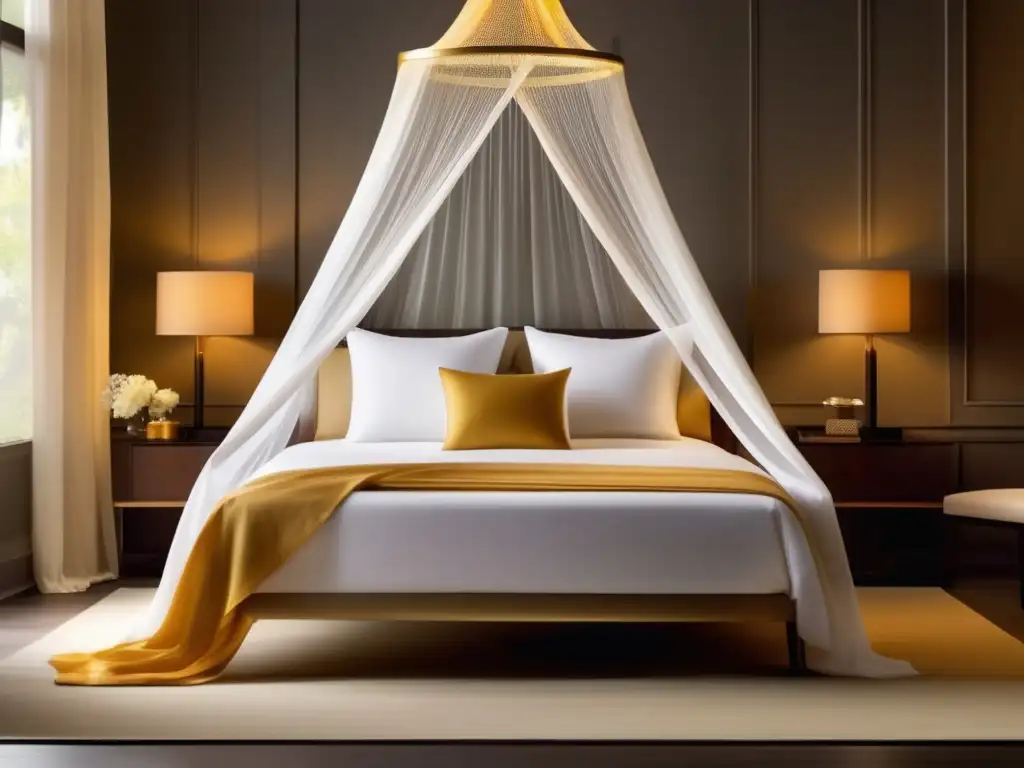 The golden mosquito net glows over the comfortably made bed, a painting of white linens and illustrating a captivating cinematic atmosphere