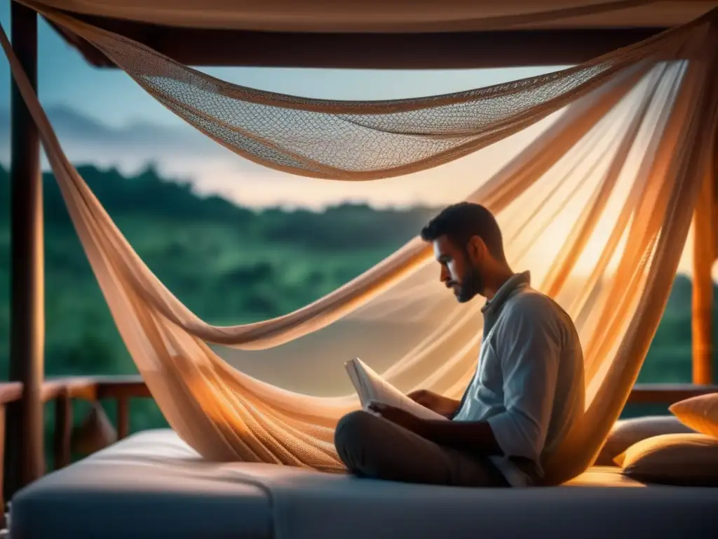 A serene scene of a man relaxing in his mosquito net, surrounded by soft and intricate materials