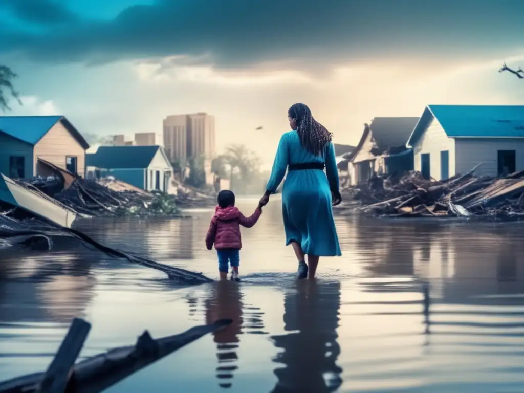 A woman bravely carries her child through the murky waters of a devastated city, reflecting the destruction around them