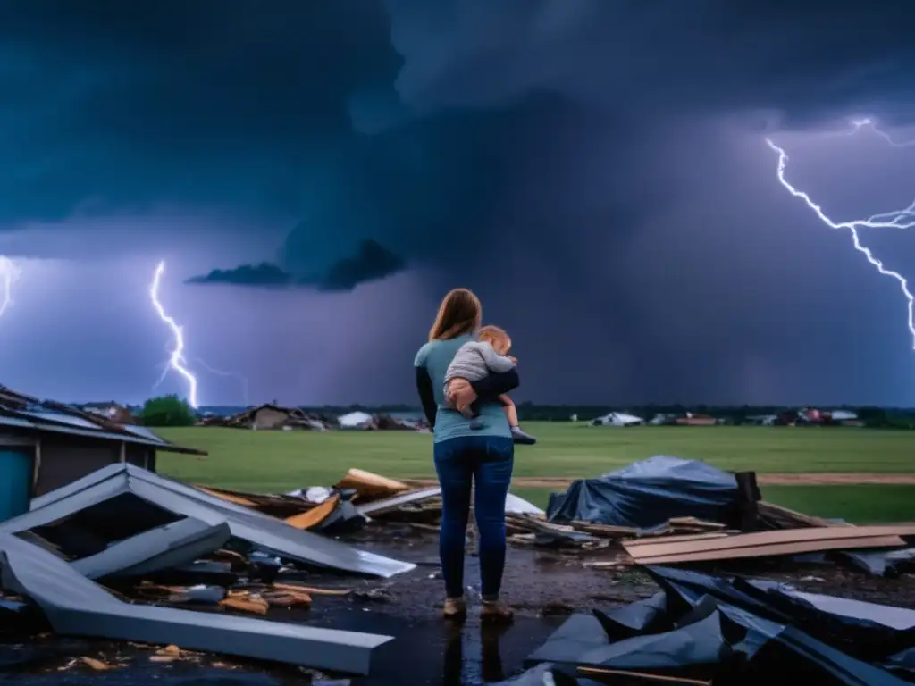 In the aftermath of the storm, a single mother stands resiliently outside her damaged home, holding her scared and vulnerable child