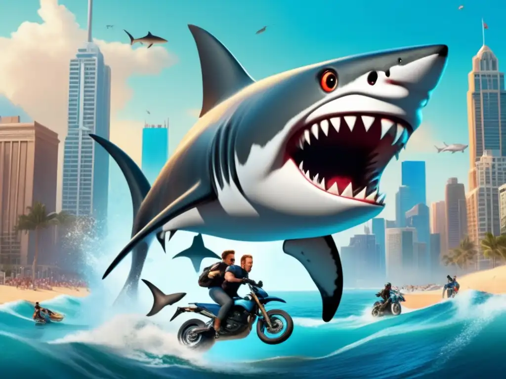 In perilous pursuit of adventure, Finley rides his motorcycle into the belly of a colossal shark, his friends desperately trying to save him from the watery abyss