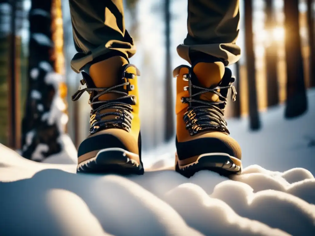 A breathtaking image of trekking through snowy peaks, with boots showcasing intricate design and texture - The snow-covered terrain captures attention, framing the boots perfectly - Golden light and low angle create a cinematic style, enhancing the beauty of the winter wonderland