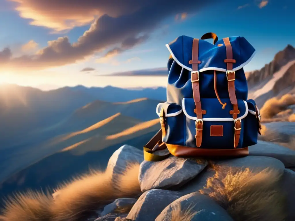 A majestic mountain range stands tall as a backpack left hanging by a rocky cliff, a once vibrant canvas now faded and tattered from time and weather