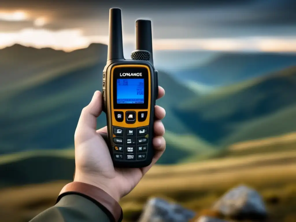 A breathtaking image of a long-range walkie-talkie, with its grand antenna, buttons, and display screen, set against the rugged terrain of a vast forest or mountain range