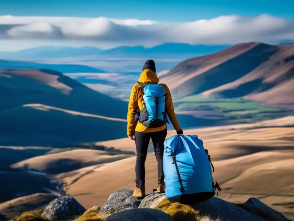 Protect: A person braving the rugged mountain landscape confidently cradles a locking waterproof bag amidst the elements, symbolizing the ultimate protection against nature and potential threats