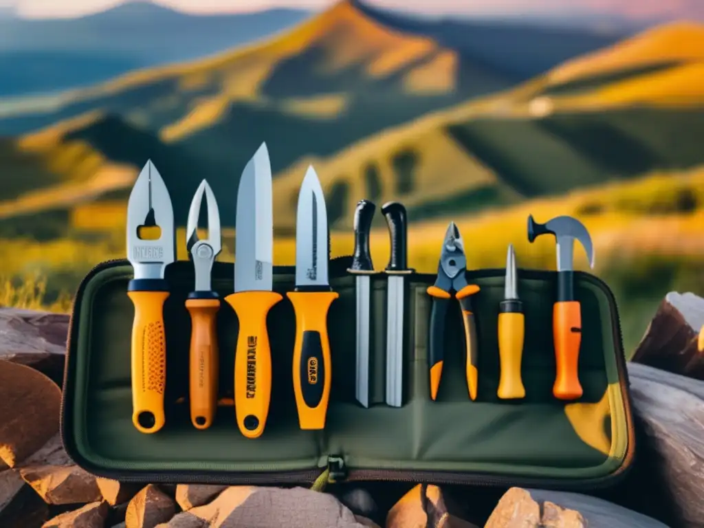 A breathtaking image of a mountainous landscape at sunset, with a row of glowing multitool kit tools in the foreground