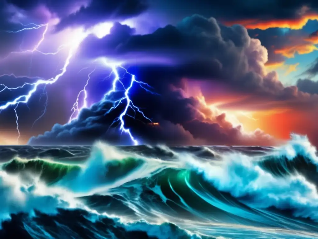 Captures the essence of the iconic poster featuring the imagery of Isaac's Storm (2004 TV movie), Hurricanes (2012 movie), and The Perfect Storm (1997 movie) in a cinematic style with dramatic lightning and turbulent seas, surrounded by a vibrant colorful aura