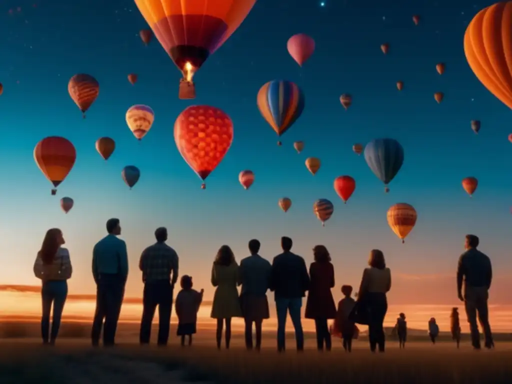 An atmospheric 8k image showcases a group of people in awe as giant balloons float overhead during a celestial event in the film 'Atomic Twister'